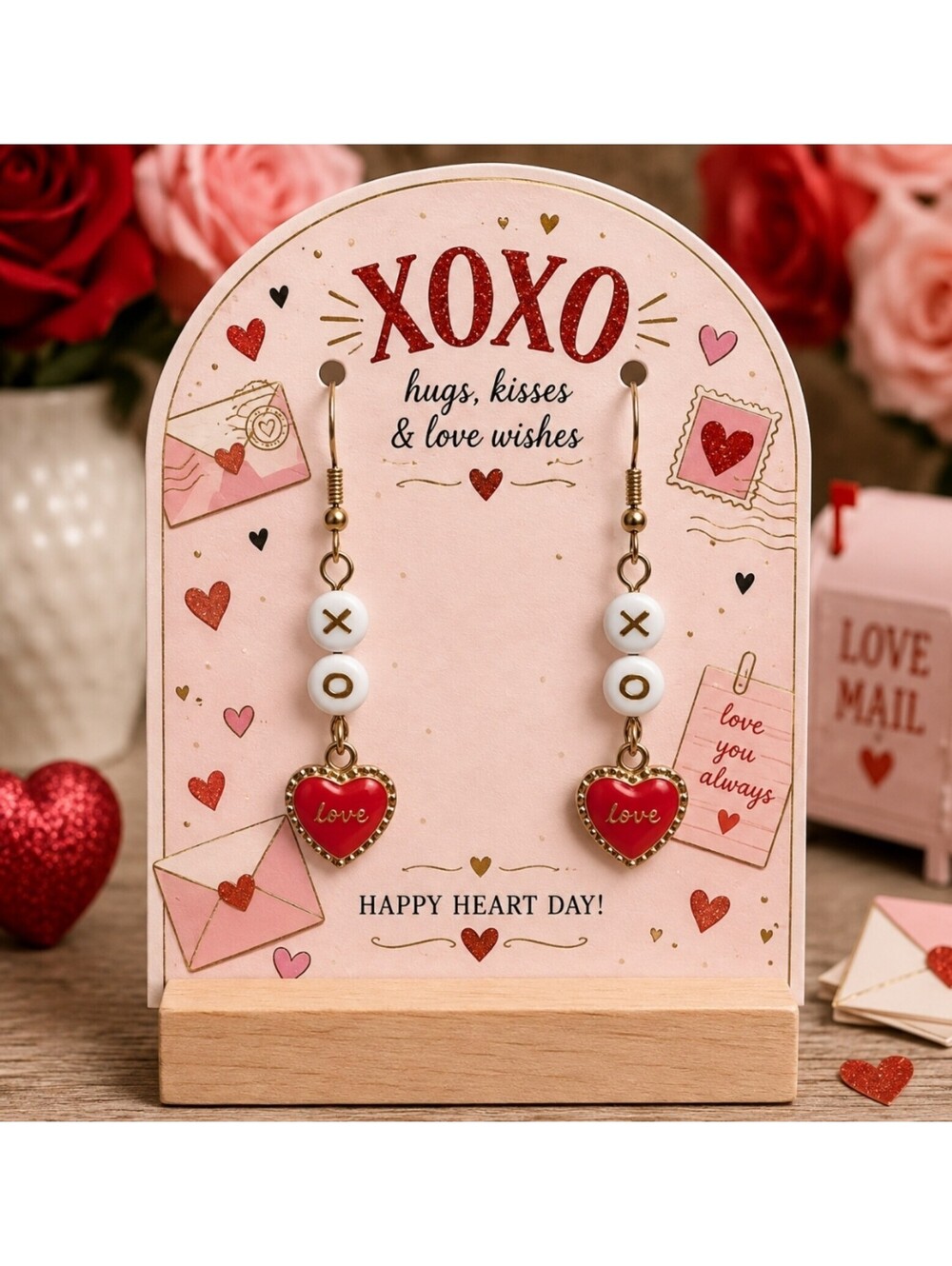 Valentine's Day Hugs & Kisses Love & Wishes Heart XO Hypoallergenic Earrings